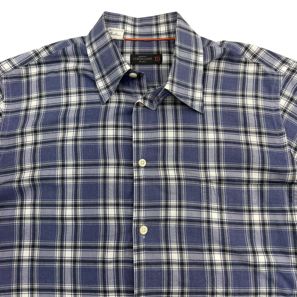 Corneliani ID Shirt Mens Medium Blue Plaid Long Sleeve Button Up Casual Italian
